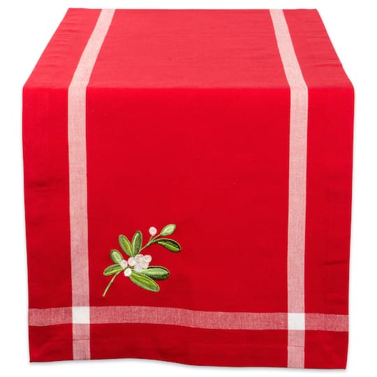 DII&#xAE; 72&#x22; Red Embroidered Mistletoe Corner with Border Table Runner